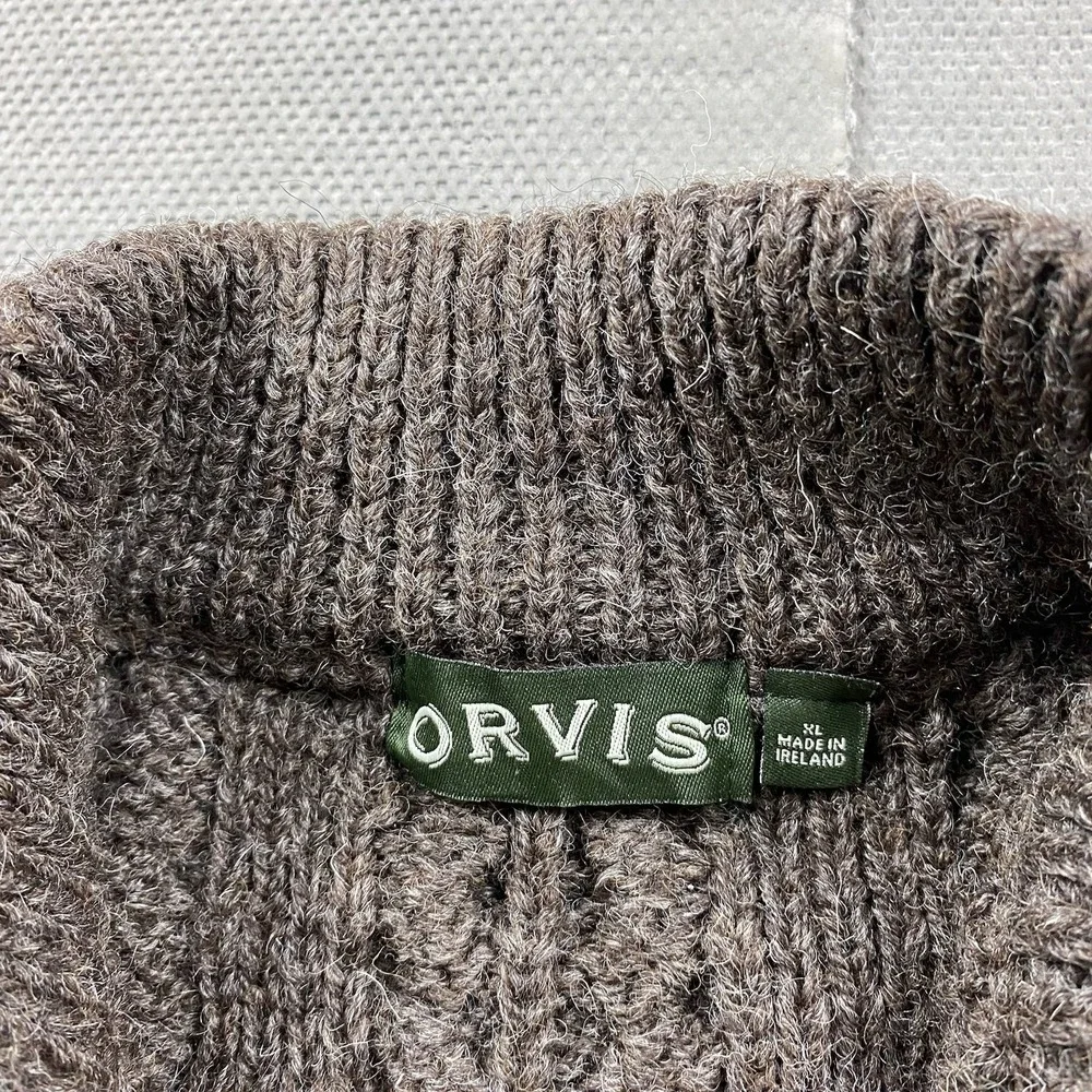Orvis Sweater Mens XL Ireland 100% Wool 1/4 Zip Brown Cable Knit Fisherman Heavy